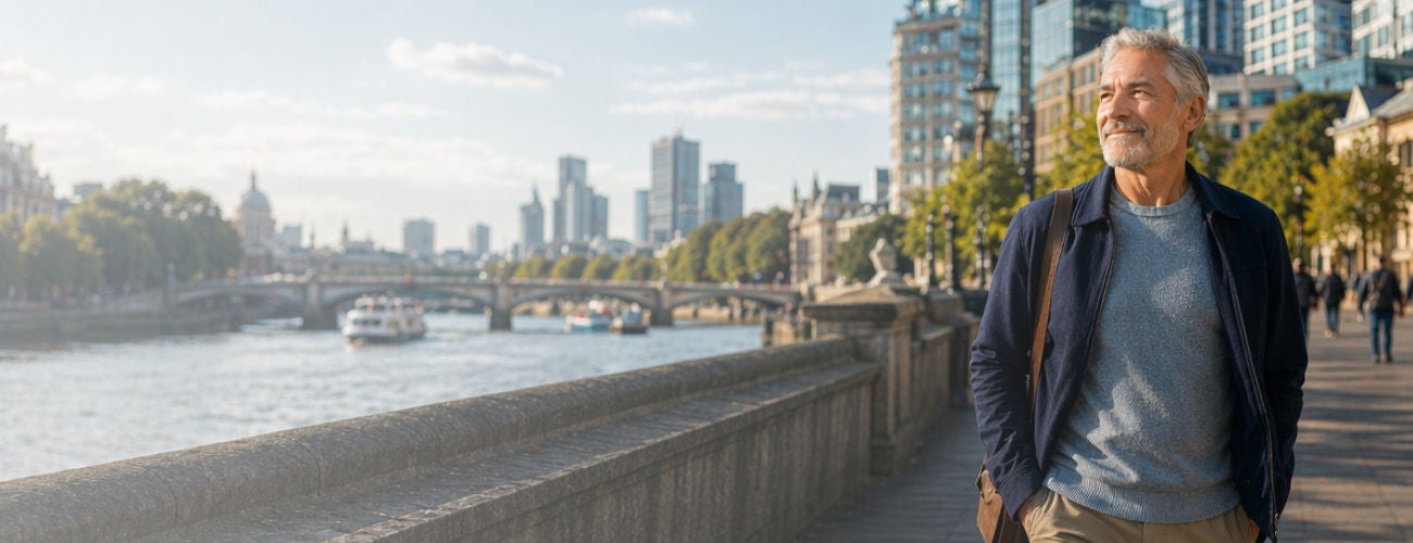 Man mid 40-50s walking confidently in city.