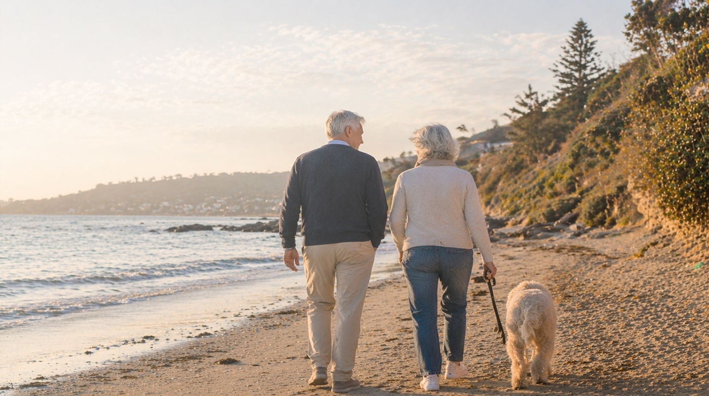 Outdoor shot, scenic, couple walking on beach.