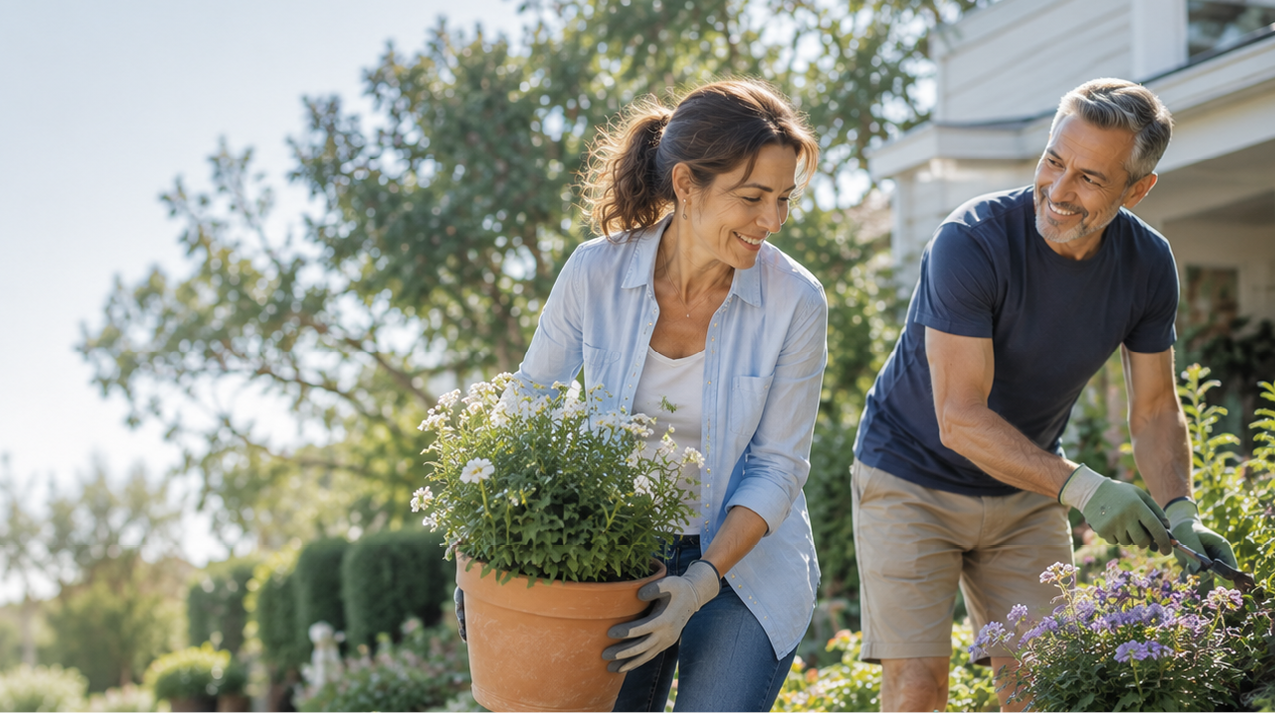 A middle-aged couple tends to flowering plants in a bright outdoor garden.