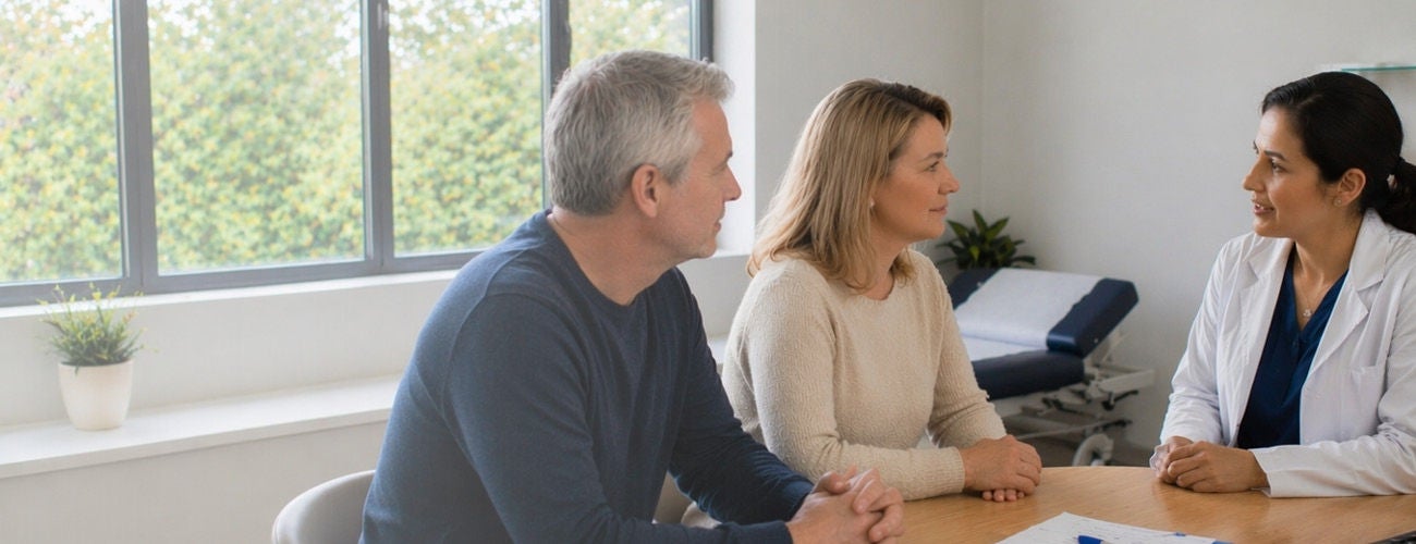Couple consulting with female doctor in clinic.