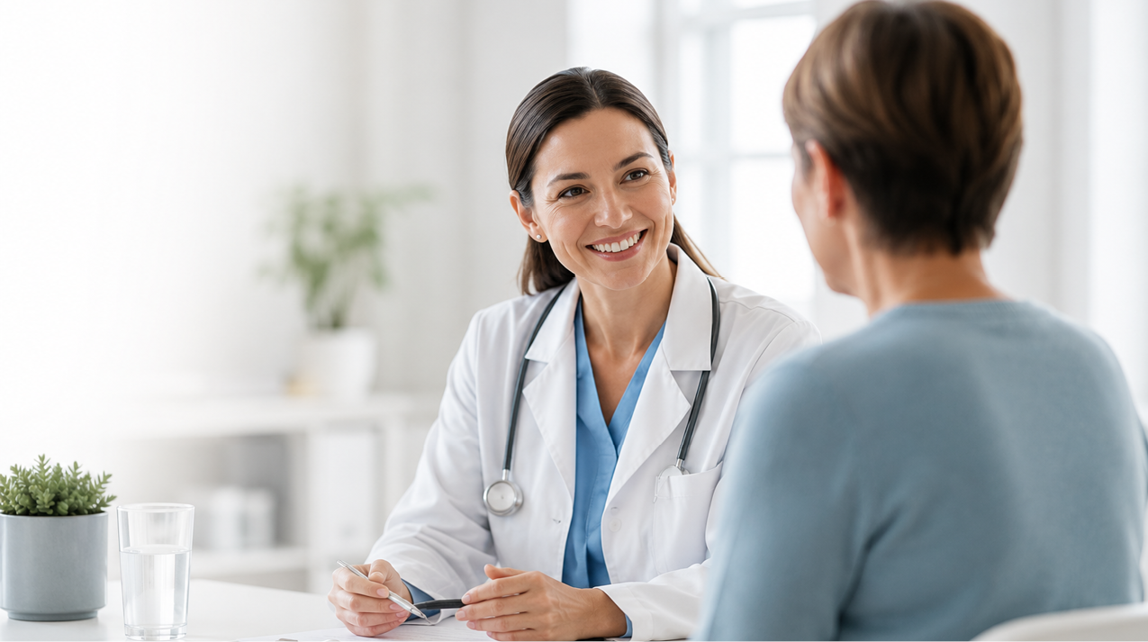 A female doctor in a white coat sits at a desk, smiling warmly as she speaks with a patient.