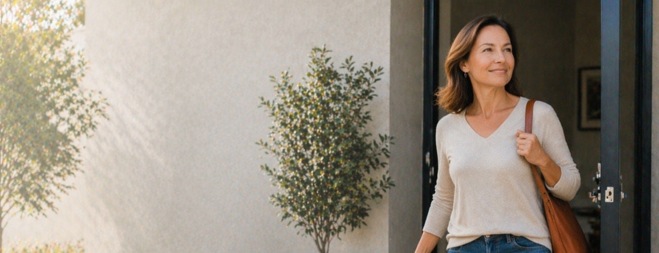 A woman walks out through an open doorway, carrying a shoulder bag.