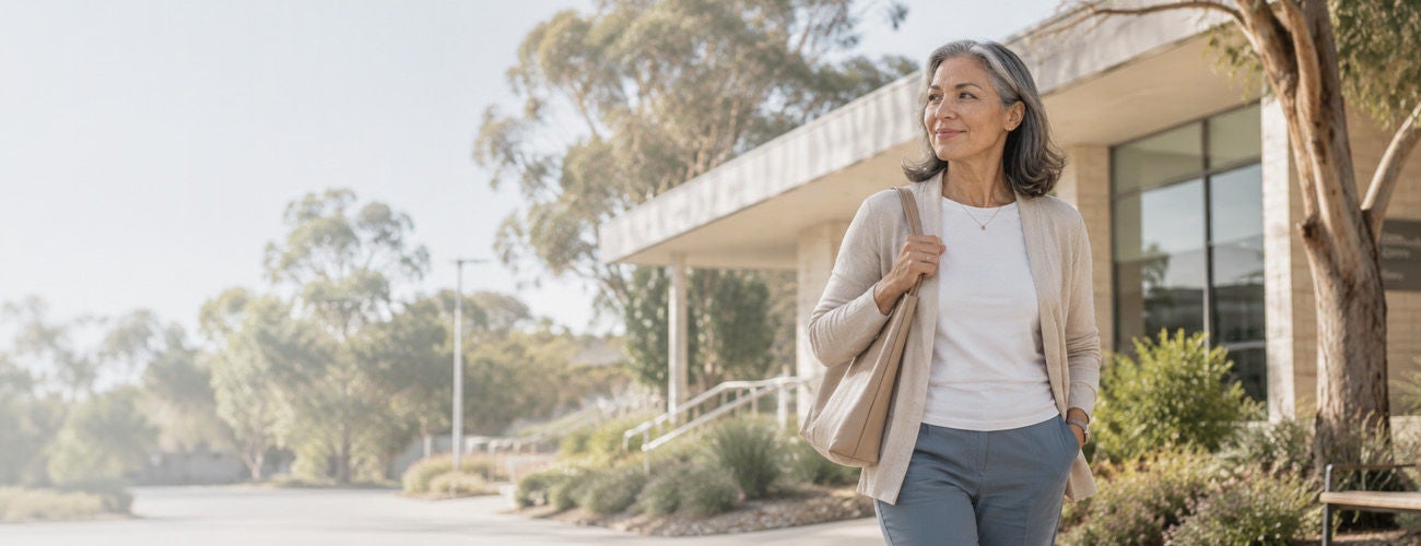 A mature woman walks outdoors, carrying a shoulder bag and looking off into the distance with a relaxed smile.