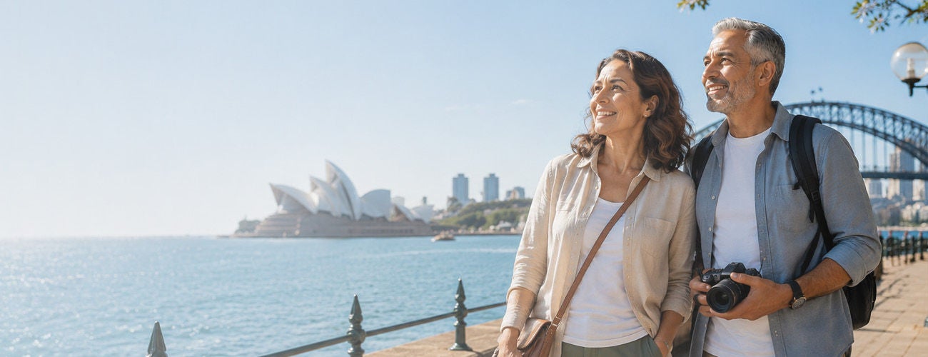 A relatively young woman, travelling, walking outdoors, camera in hand.