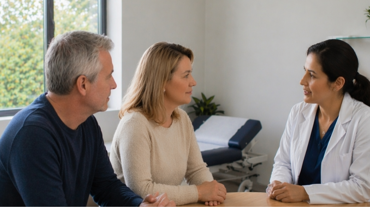 A middle-aged couple sits across a desk from a female doctor in a medical office.
