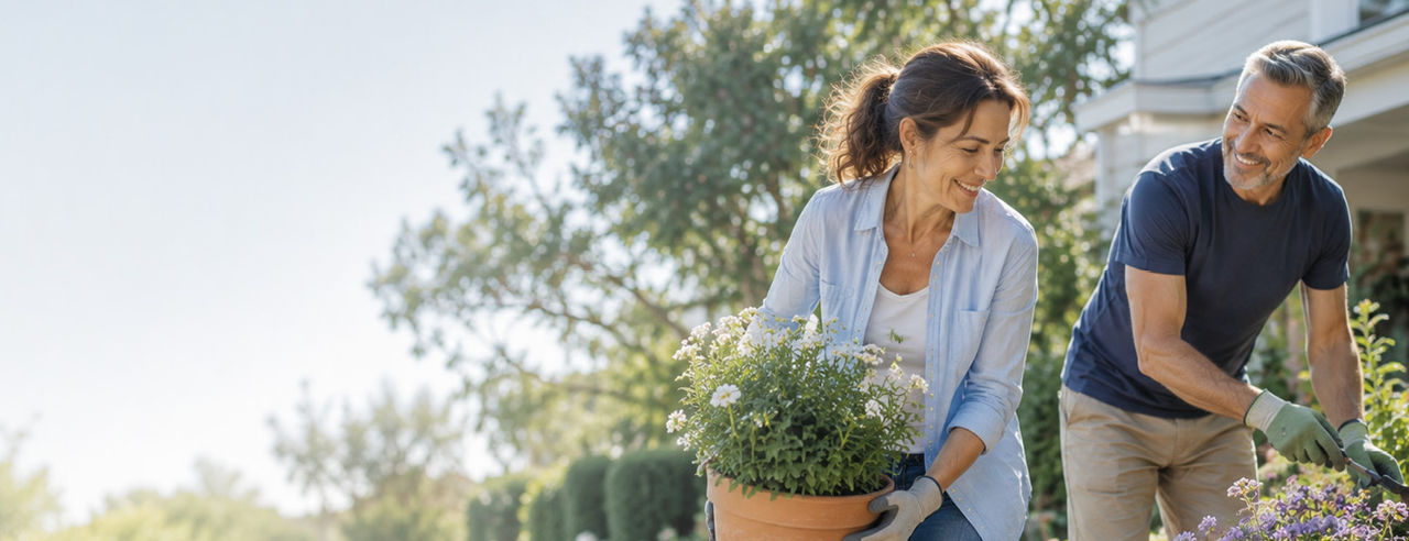 A middle-aged couple tends to plants in a bright outdoor garden. The woman carries a large flower pot while the man works on nearby greenery.