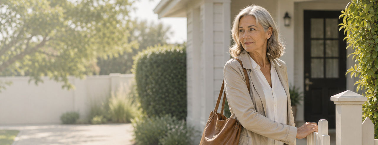 An older woman with gray hair stands outside a light-colored suburban house, resting her hand on a white fence post.