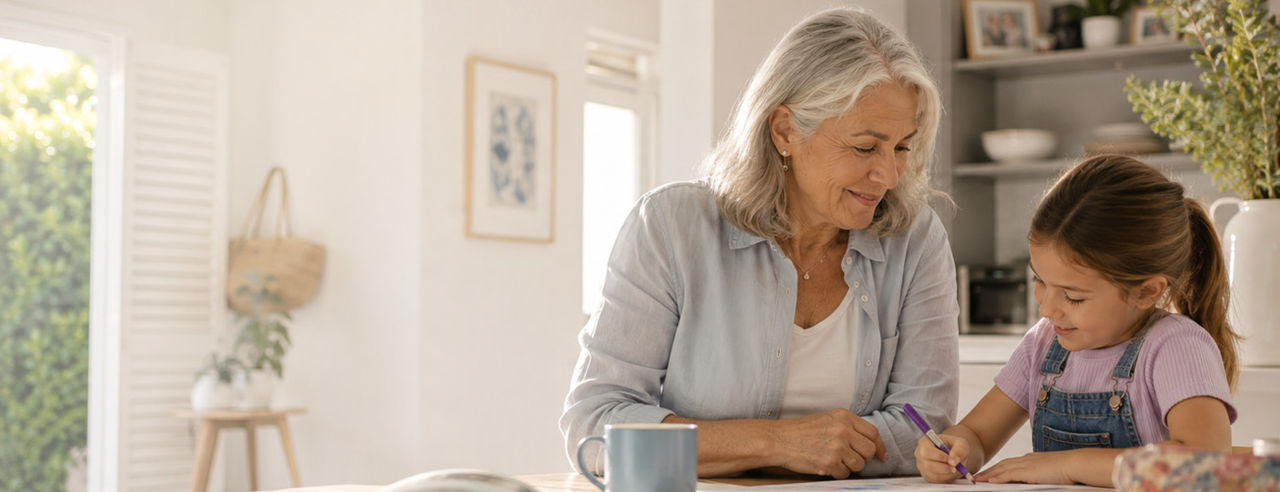 An older woman sits at a table with a young girl, guiding her as she writes or draws on paper. They are in a bright, cozy home interior with soft natural light coming through a window.
